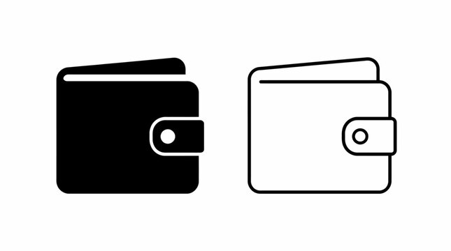 Wallet icons in solid and outline styles with button strap, finance and payment concept