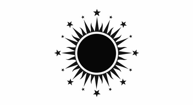 Black sun symbol with rays and stars.
