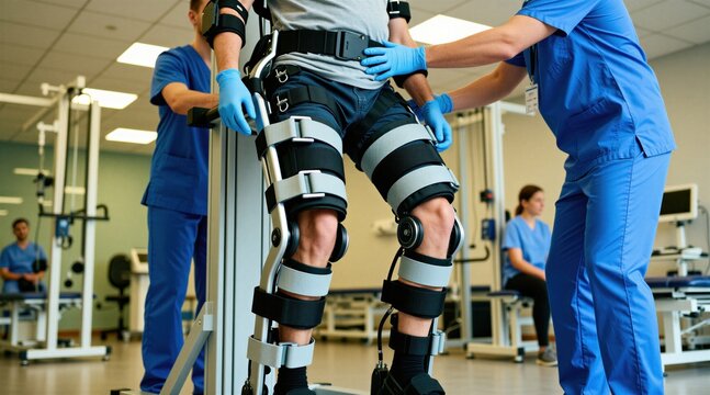 Man wears advanced exoskeleton suit for mobility training with therapist aid. Medical team provides physical therapy support in rehab center.