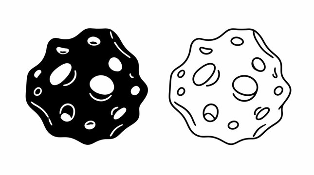Hand-drawn asteroid and meteor icons with craters, space exploration line art