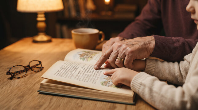 Older Person and Child Reading Together, Intergenerational Hands Pointing at Words in a Book for International Literacy Day