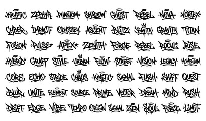 Original Urban Graffiti Tag Word Set featuring Spiky Hand Drawn Typography and Chicano Style Lettering for Edgy Streetwear Clothing and Merchandise Designs © ovi