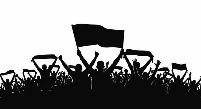 A crowd of people holding flags and protesting with raised arms in silhouette.