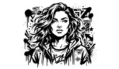 Urban Graffiti Street Art Vector Featuring Beautiful Woman Portrait Wearing Hoodie with Spray Paint Splatters, Arrow Symbols, and Abstract Typography for T-Shirt and Poster Designs © ovi