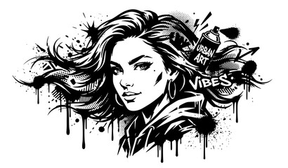 Urban Graffiti Street Art Vector Featuring Beautiful Woman Portrait with Flowing Hair, Spray Paint Cans, Splatters, and Vibes Text Typography for T-Shirt and Poster Designs © ovi