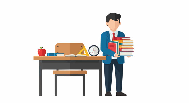 A man holding books next to a desk.