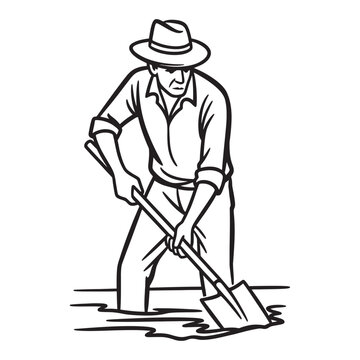 Farmer Digging with Shovel Hand-Drawn Illustration