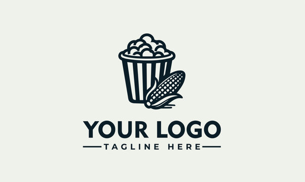Popcorn bucket with fresh corn cob vector logo illustration