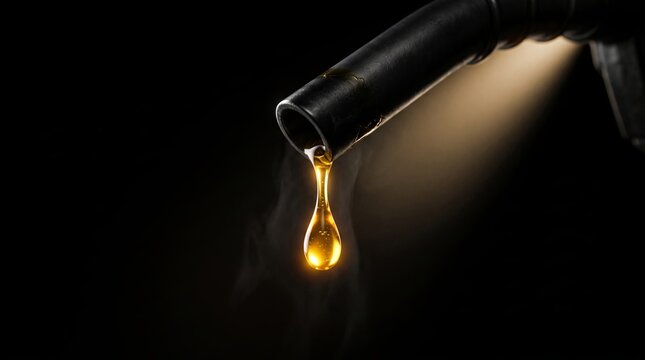 Closeup of golden oil drop falling from metal spout against dark background with dramatic rim
