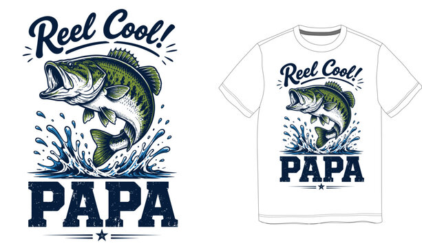 Reel Cool Papa fishing t-shirt design vector. Bass fish jumping out of water with distressed typography on white shirt mockup.
