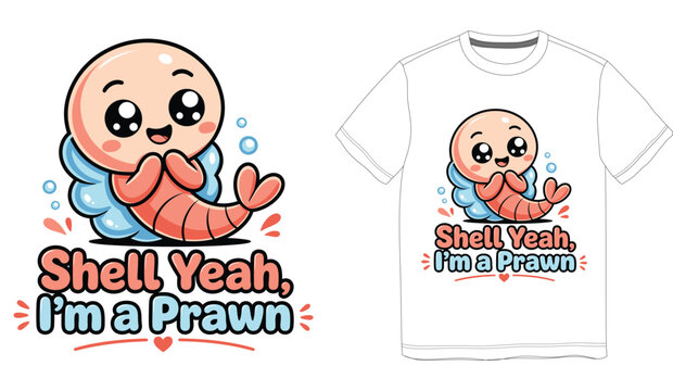 Shell Yeah I'm a Prawn cute shrimp t-shirt design vector. Kawaii cartoon prawn in clam shell with funny quote on white shirt mockup.
