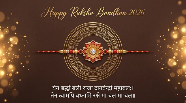 Happy Raksha Bandhan 2026 festival greeting banner featuring an elegant floral gold rakhi with red enamel work and diamond center, golden mandala ornament, and a sacred Sanskrit shloka on a luxury br
