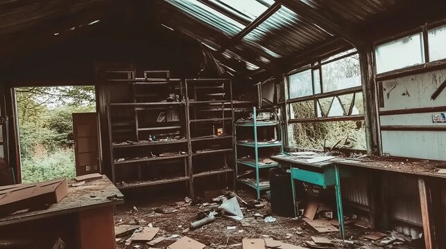 Abandoned dusty workshop with cluttered shelves and broken tools in dim light
