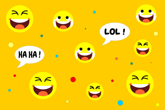 Laughing Yellow Emoticon Pattern with Haha and Lol Speech Bubbles