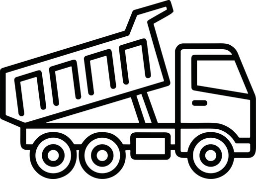 Outline of a tipper truck with raised bed for dumping materials, construction vehicle icon.