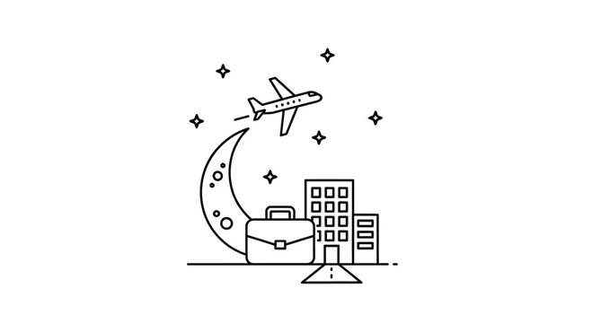 Business travel concept: airplane flying over city skyline with briefcase and moon