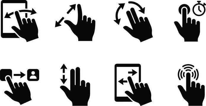 Touchscreen hand gestures icon set showing smartphone interface swiping scrolling zooming tapping interactive movements Touchscreen hand gestures icon set showing smartphone 