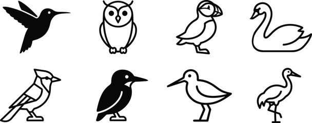 Fototapeta premium Wild bird line icon set featuring minimalist owl hummingbird swan and puffin in outline style