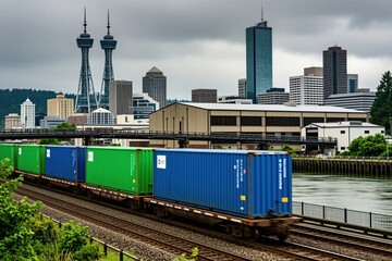 Fototapeta premium Freight train with blue and green containers moves along tracks. City skyline with tall buildings and towers in background under cloudy sky.