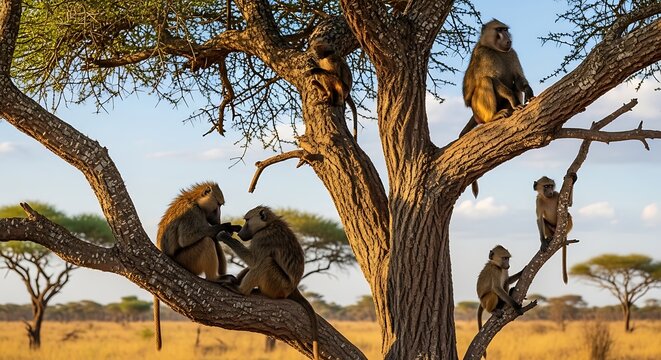 Wild Baboons Resting and Grooming in Acacia Tree on African Savanna