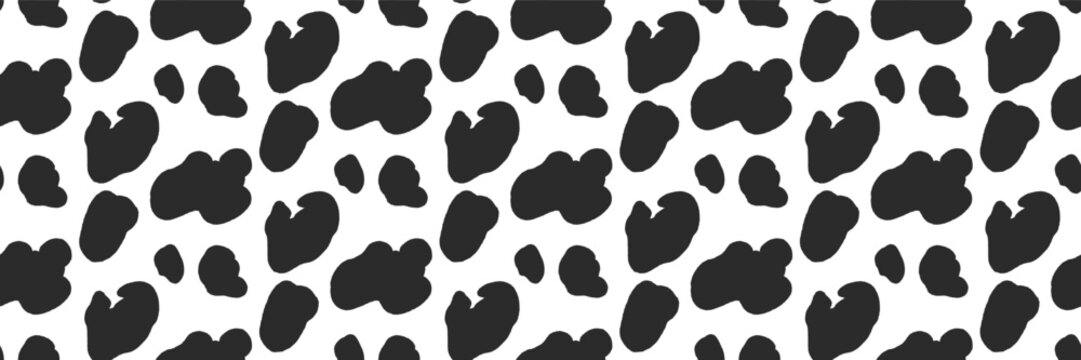 Animal spot monochrome seamless pattern with dalmatian motif in black and white. Organic spot shapes in vector dog and cow skin print. Trendy animal repeat for textile and surface design