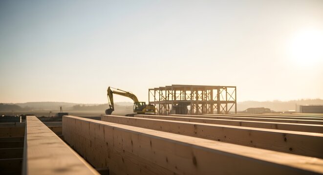 Construction Site With Excavator And Wooden Building Framework