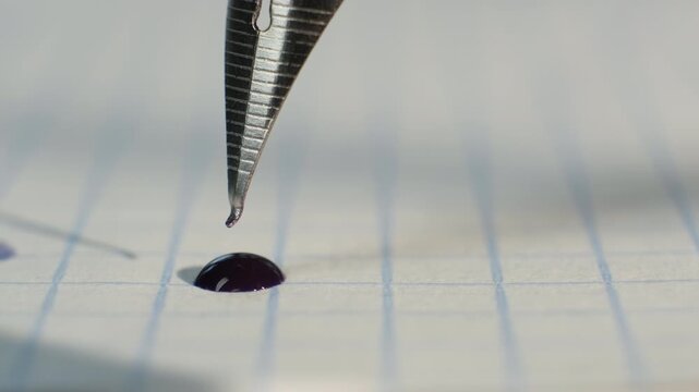 Drop of ink dripping from metal nib of fountain pen onto sheet of notebook, blob on paper close-up