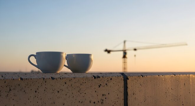 Two Coffee Cups Sit On A Ledge With Construction Crane In The Background At Sunrise