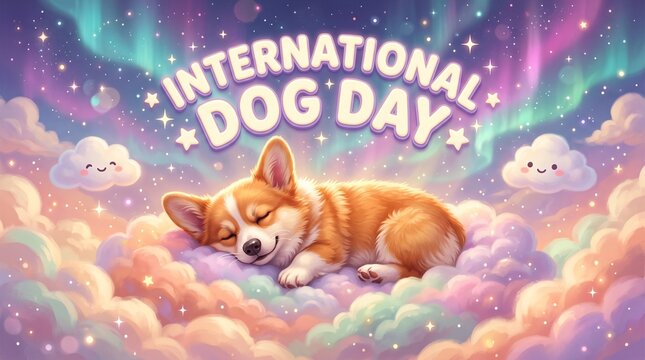 International dog day celebration with a cute puppy sleeping on fluffy clouds in a starry sky