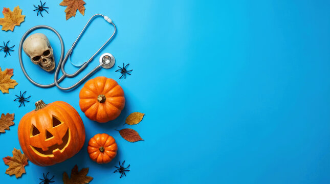 Halloween medical theme with a stethoscope and skull near pumpkins, spiders, and autumn leaves on a blue background.