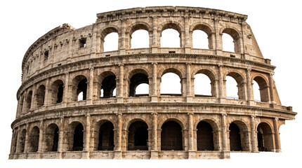 Naklejka premium Ancient Roman Colosseum amphitheater structure isolated on transparent background, iconic historical landmark