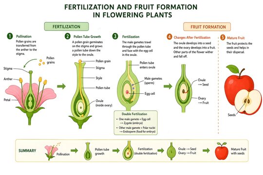 Educational Vector Illustration of Plant Fertilization and Fruit Development