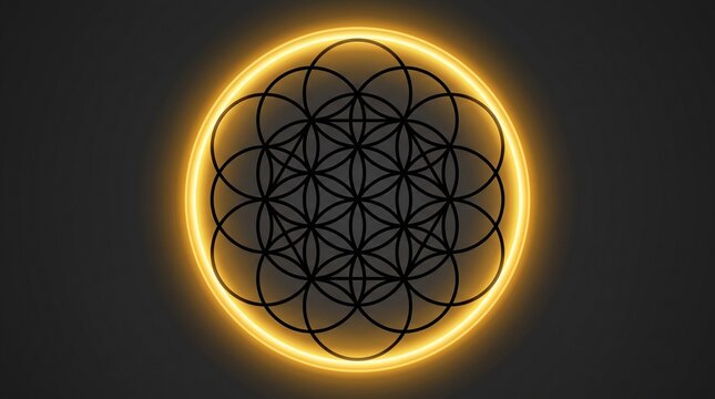 Sacred geometry Flower of Life symbol in black lines centered within a glowing golden neon ring against a dark gray background.