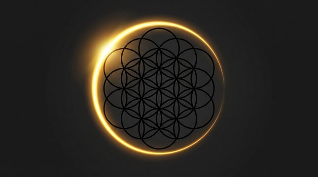A mystical black Flower of Life geometric pattern centered within a glowing golden solar ring against a dark, minimalist background.