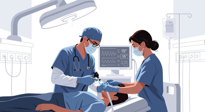 Surgeons Performing Operation with Anesthesia Machine and Monitor in Operating Room