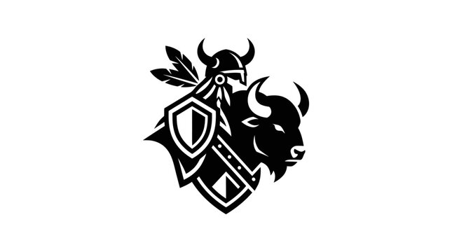 Bison head with shield and spear decorations
