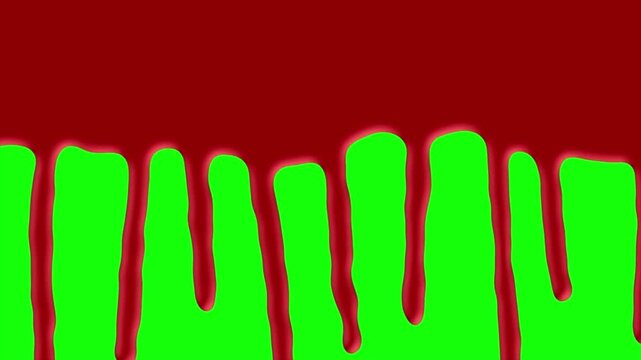 Red blood drip overlay on green screen chroma key background, 4k realistic liquid flow animation for horror, halloween, spooky visual effects