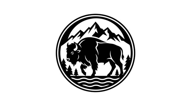 Bison silhouette in mountain circle badge