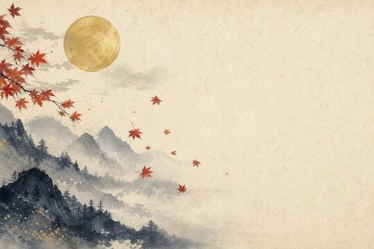 Japanese Autumn Mountain and Maple Travel Banner on Washi Paper