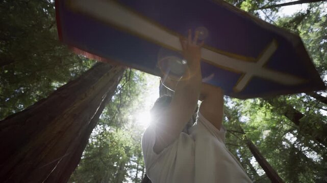 Man Waving Blue Cross Sign Overhead Among Redwood Trunks - Low Angle
