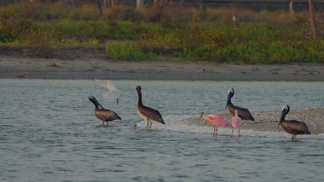 flock of pelicans and roseate spoonbills in a wetland habitat