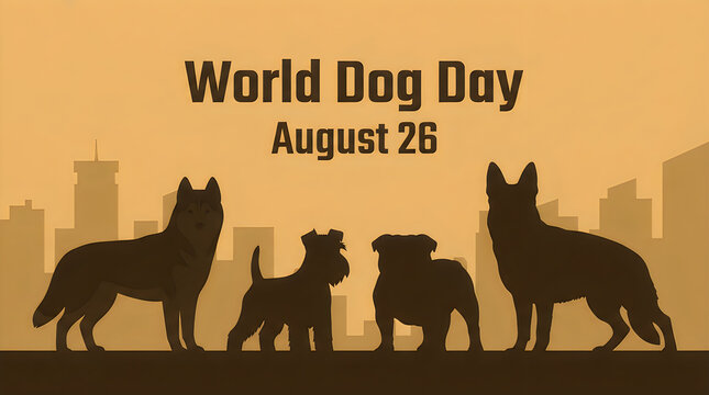 World dog day illustration with four dogs silhouette against sunset city skyline