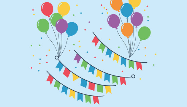 Colorful festive party decorations including balloons and bunting flags hanging to celebrate a joyful event or birthday occasion.