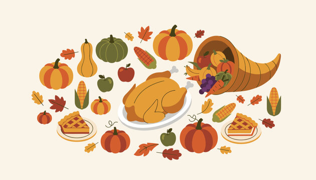 Thanksgiving harvest feast spread with roasted turkey pumpkins corn apples and a cornucopia on a light background for celebration.