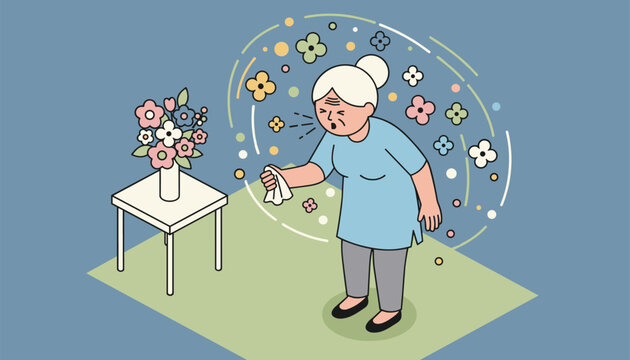 Senior woman sneezing into a tissue in a room filled with flowers reflecting seasonal allergies and respiratory health issues.