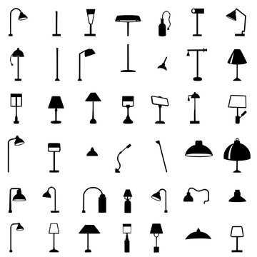 Collection of 24 different types of lamps and lighting fixtures arranged in a 6x4 grid, each depicted in a minimalist black and white vector illustration style. The lamps include various designs su...
