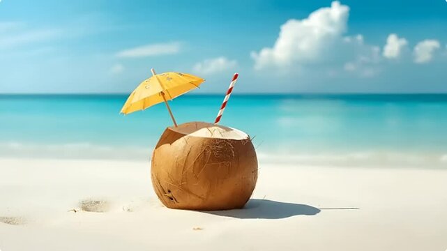 Coconut drink on a tropical beach.