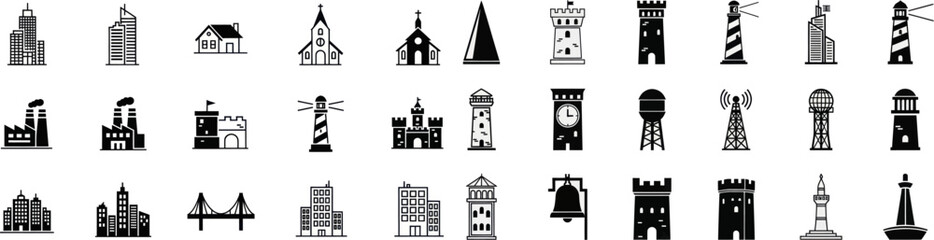 A collection of various architectural icons and landmarks displayed on a white background © Gardevoir 