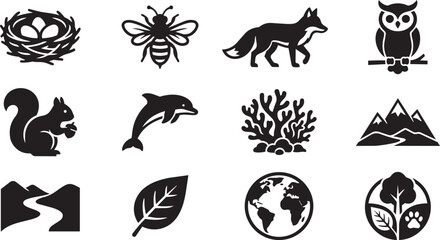 Nature Icons, Wildlife Symbols, Eco Logos, 12 Black Vector Graphics © Faisal Maseeha