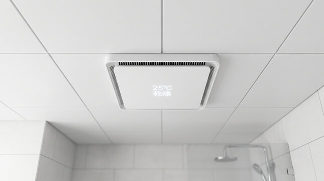 Modern bathroom exhaust fan ventilation system installed on a white tiled ceiling